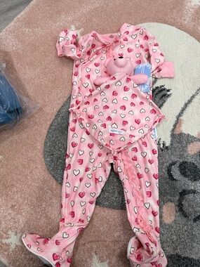 Pink Heart Print Baby Footed Sleeper with Plush Bear